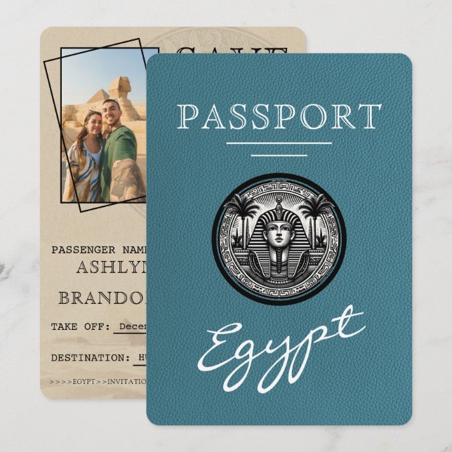 Reserve A Data Teal Egypt Passport Wedding Save the Date (Frente/Verso)