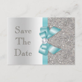 Reserve A Data Teal Faux Laço e Diamantes Prata Salvar a Data