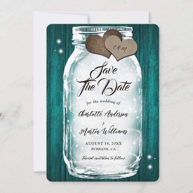 Reserve A Data Teal Mason Jar String Luzes Barn Casamento de Made (Frente)