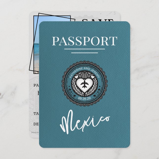 Reserve A Data Teal Mexico Passport Save Date (Salvem A Data) (Frente/Verso)