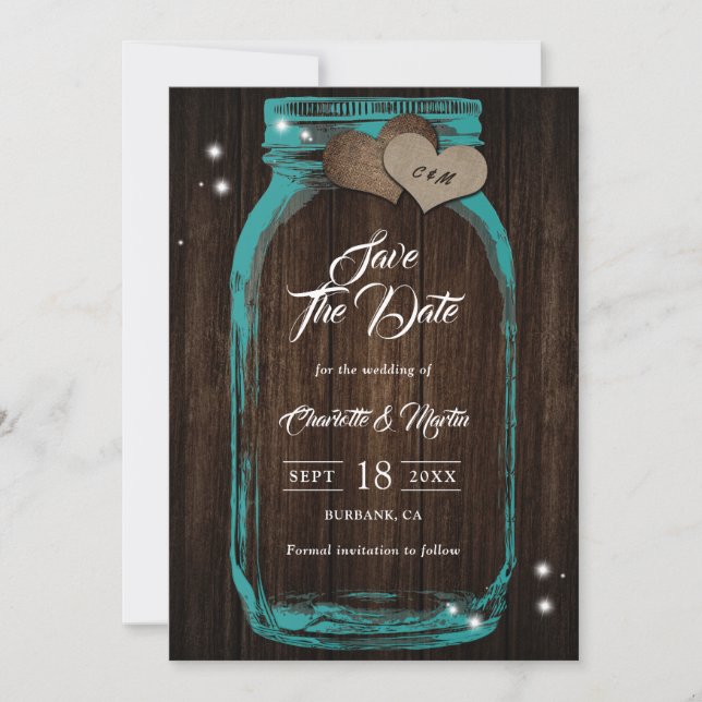 Reserve A Data Teal Rustic Wood Burlap Hearts Mason Jar Wedding (Frente)