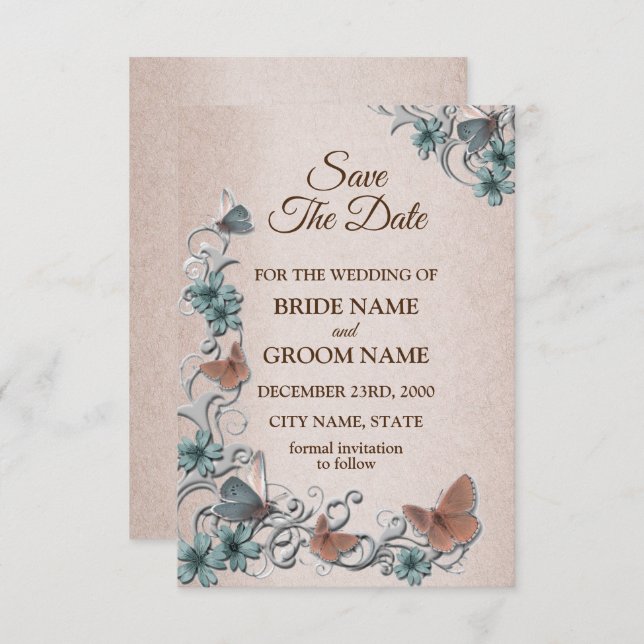 Reserve A Data Teal Silver Floral Copper Butterfly Tan Wedding (Frente/Verso)