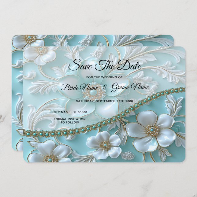 Reserve A Data Teal White Floral Salvar a Data (Frente/Verso)