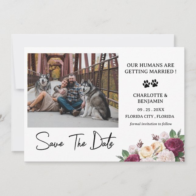 Reserve A Data Tema de Cachorro Floral Bordô com Foto Personaliza (Frente)