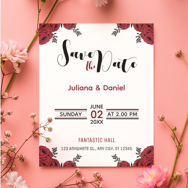 Reserve A Data Tema de Casamento Floral da rosa vermelha (lovely floral theme save the date card)
