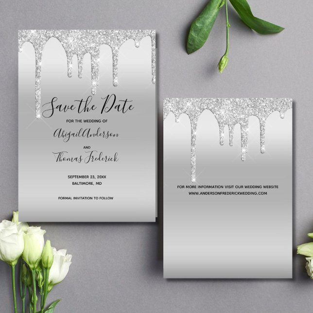 Reserve A Data Tendência de Glitter Glitter de Prata Elegante (Elegant Silver Dripping Glitter Wedding Save the date card)