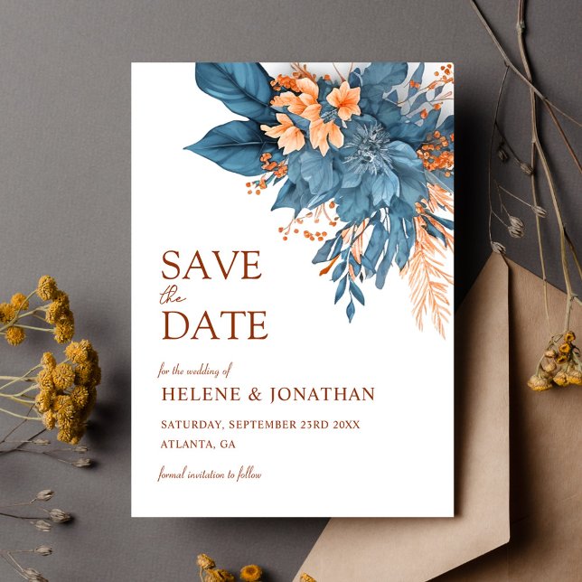 Reserve A Data Terracota Azul Poente Floral Boêmio Elegante Casam (Dusty Blue Terracotta Boho Floral Elegant Wedding Save The Date)