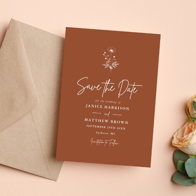 Reserve A Data Terracota de Flor Silvestre Rústica Casamento Boho (Rustic terracotta boho save the date adds floral charm and announces your wedding beautifully.)