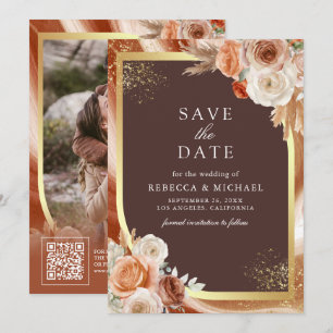 Reserve A Data Terracota Floral Café Escuro Código QR Casamento