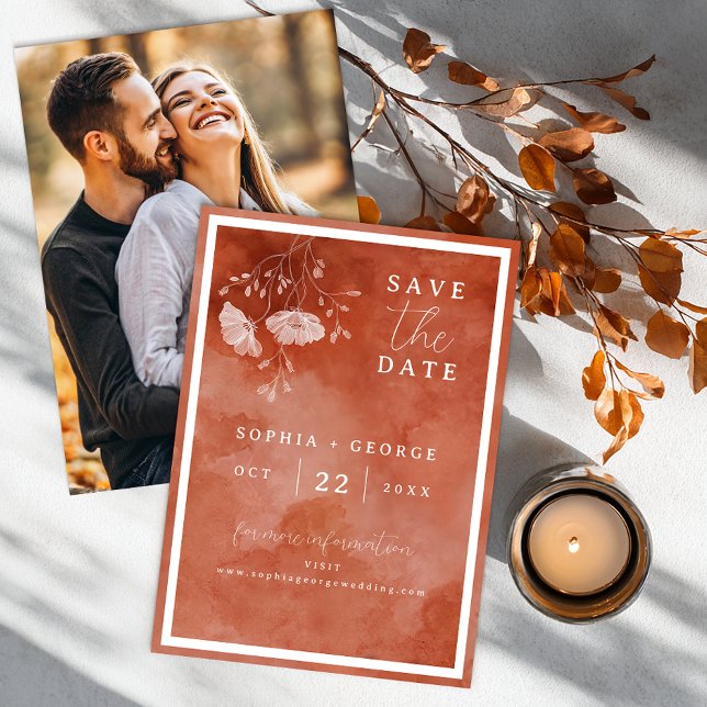 Reserve A Data Terracota Floral Save the Date com Foto no Verso (Save The Date)