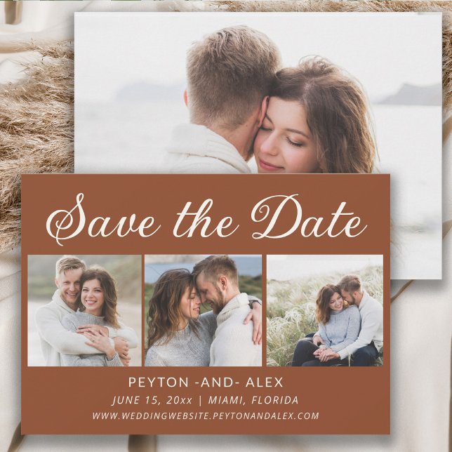 Reserve A Data Terracotta 4-Foto 2-Sided Wedding Date (Terracotta 4-photo wedding Save the Date card)
