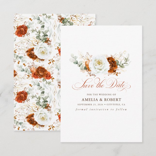 Reserve A Data Terracotta and White Chic Floral Save the Date (Frente/Verso)