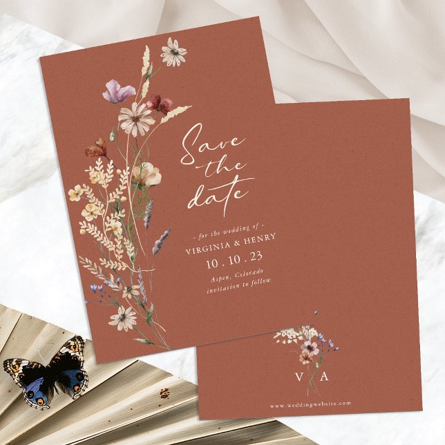 Reserve A Data Terracotta Boho Salvar A Placa Plana De Data (Terracotta Boho Wildflower Save The Date Flat Card Monogrammed by Painted Paperie
)