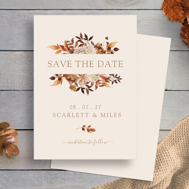 Reserve A Data Terracotta de queda mínima deixa plano (Simple Minimalistic Fall Terracotta Leaves Flat Save The Date by Painted Paperie
)