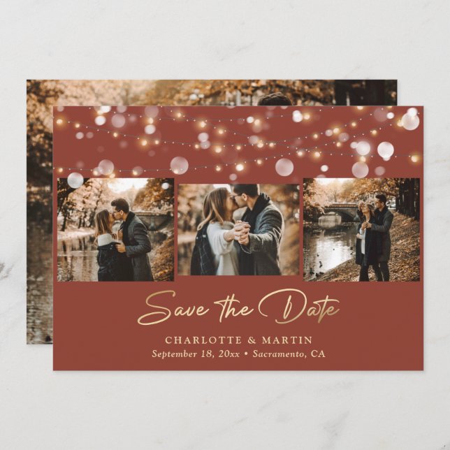 Reserve A Data Terracotta e Dourado Casamento 4 Foto Salvar Data (Frente/Verso)