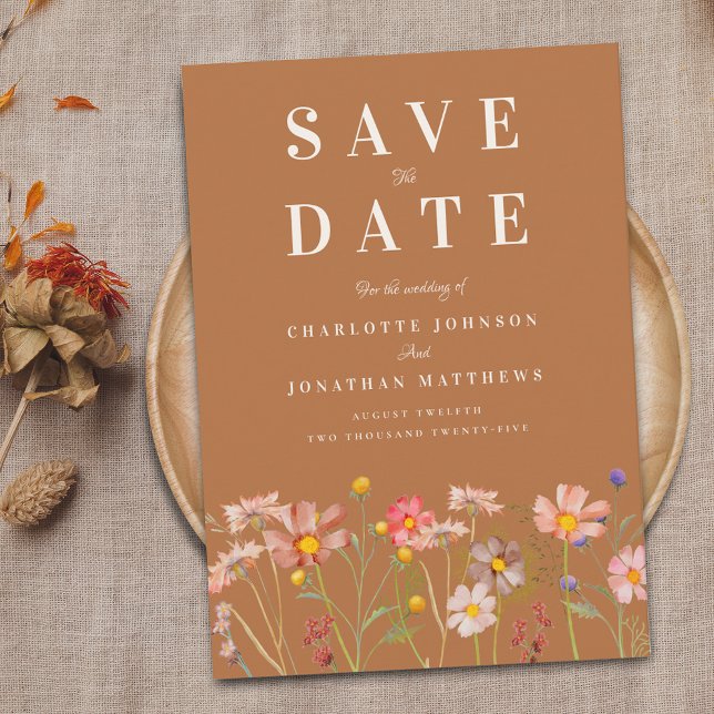 Reserve A Data Terracotta Elegant Wildflower Meadow Wedding (Terracotta Elegant Wildflower fall Wedding save the date)