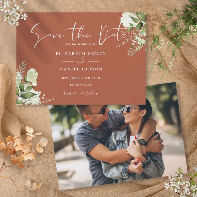 Reserve A Data Terracotta Elegante Greenery Foto Floral Casamento (Terracotta Elegant Greenery Floral Photo Wedding Save The Date)