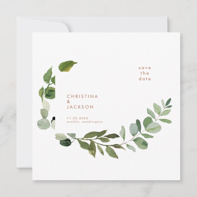 Reserve A Data Terracotta Eucalyptus Wedding Square Save Date (Frente)