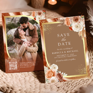 Reserve A Data Terracotta Floral Bege Dourado Código QR Foto Casa