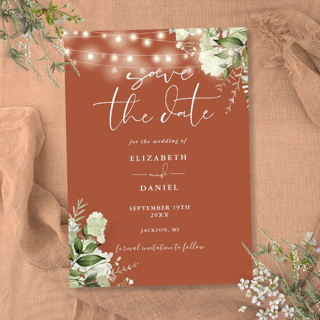 Reserve A Data Terracotta Floral Greenery String Luzes Casamento (Terracotta Floral Greenery String Lights Wedding Save The Date)