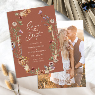 Reserve A Data Terracotta Floral Photo Save The Date Flat Card