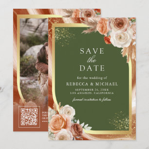 Reserve A Data Terracotta Floral Verde Oliva Código QR Casamento