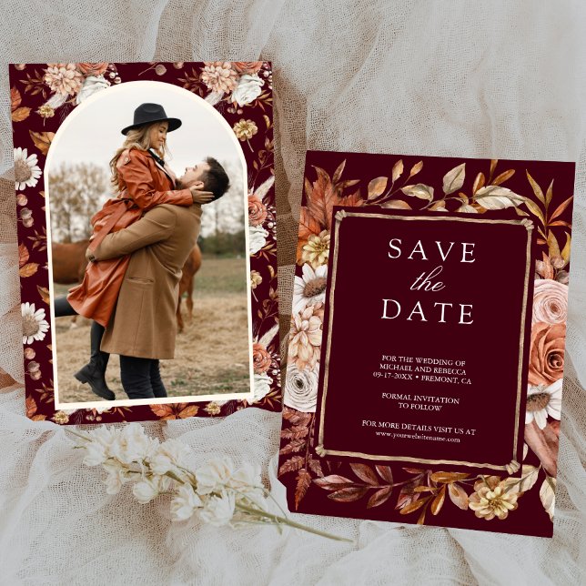 Reserve A Data Terracotta Foto Floral Casamento Burgundy (Criador carregado)