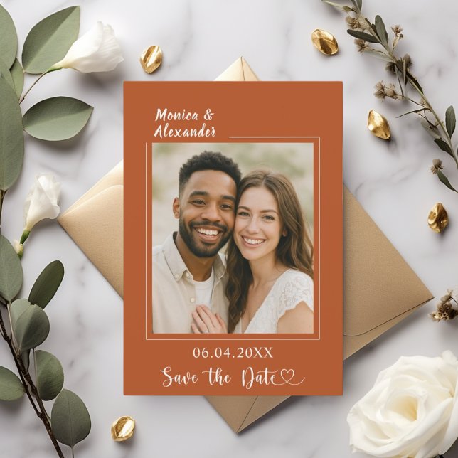 Reserve A Data Terracotta ivory photo wedding Save the Date (Criador carregado)
