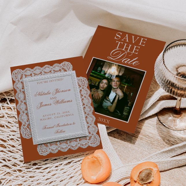Reserve A Data Terracotta Laranja Queimada Renda Foto Casamento C (Criador carregado)