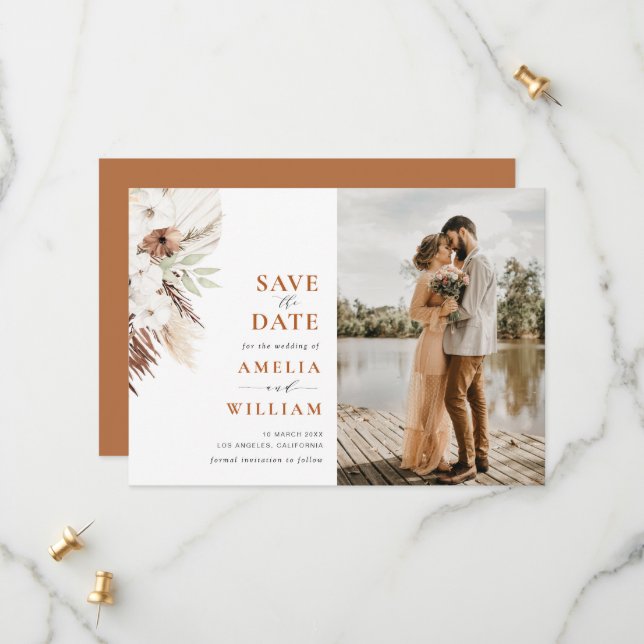 Reserve A Data terracotta pampas floral casamento Salve a data (Frente/Verso In Situ)