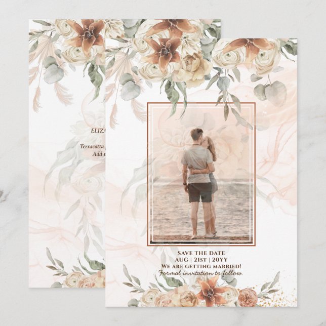 Reserve A Data Terracotta Pampas Grass Foto de Casamento Salva Da (Frente/Verso)