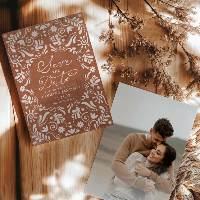 Reserve A Data Terracotta Papel Picado Foto Salvar Data (Save the Date Terracotta Papel Picado Card)
