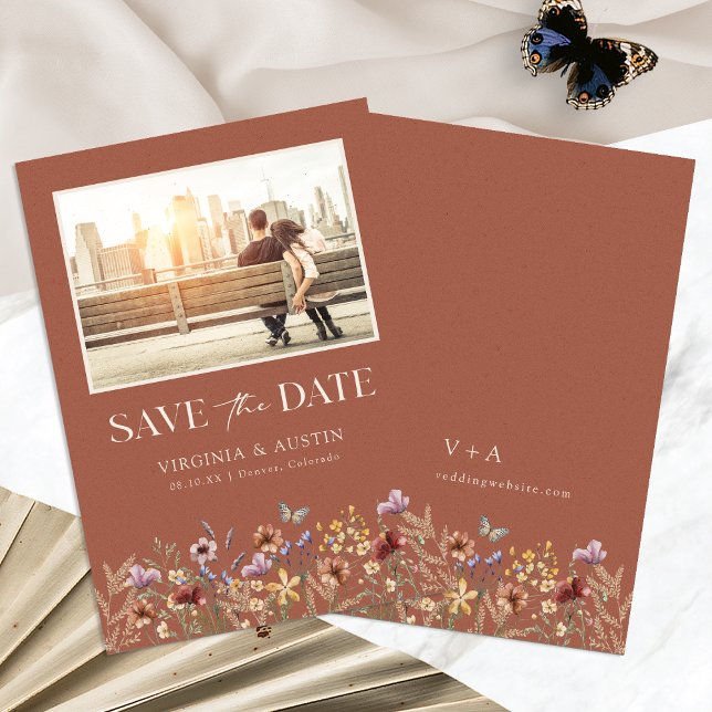 Reserve A Data Terracotta Photo Boho Save The Date (Terracotta Photo Boho Floral Save The Date Announcement by Painted Paperie
)