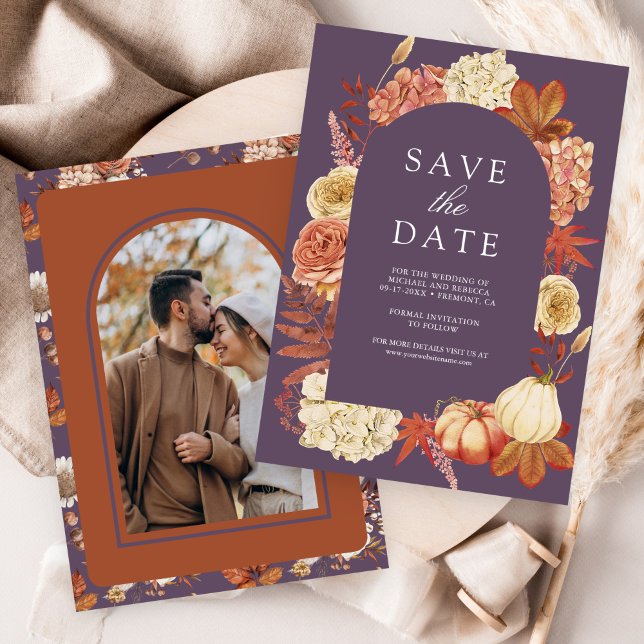 Reserve A Data Terracotta Pumpkin Floral Dusty Purple Wedding (Criador carregado)