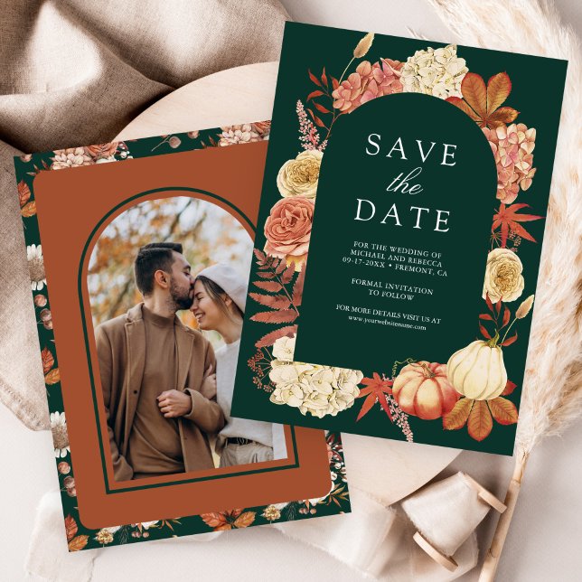 Reserve A Data Terracotta Pumpkin Floral Emerald Green Wedding (Criador carregado)