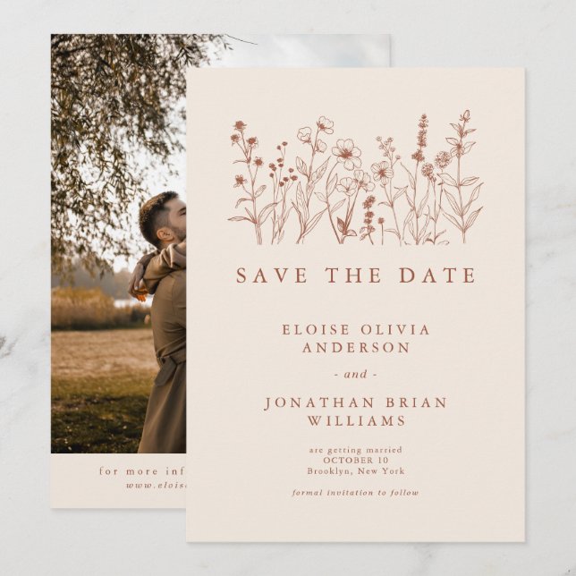Reserve A Data Terracotta Rustic Floral Fall Wildflower Photo (Frente/Verso)