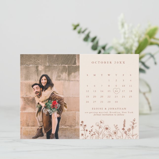 Reserve A Data Terracotta Rustic Floral Fall Wildflower Photo (Em pé/Frente)