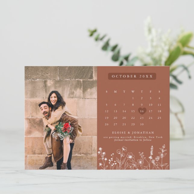 Reserve A Data Terracotta Rustic Floral Fall Wildflower Photo (Em pé/Frente)