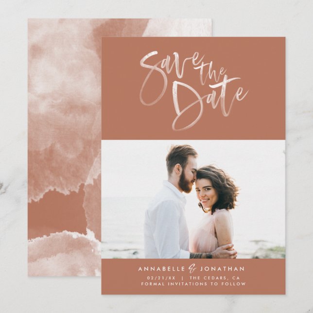 Reserve A Data Terracotta - script de aquarela - casamento (Frente/Verso)