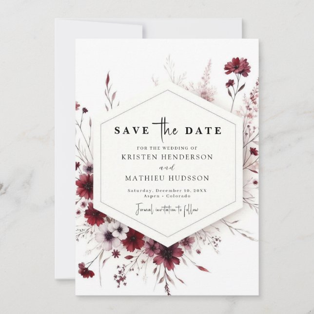 Reserve A Data Terthy Chic Burgundy Casamento Floral (Frente)