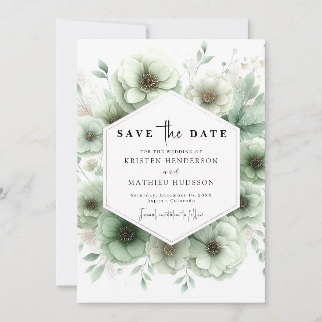 Reserve A Data Terthy Chic Floral Sage Casamento Verde (Frente)