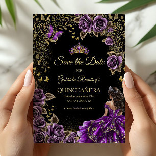 Reserve A Data Tiara Dourada Preta e Roxa Quinceañera