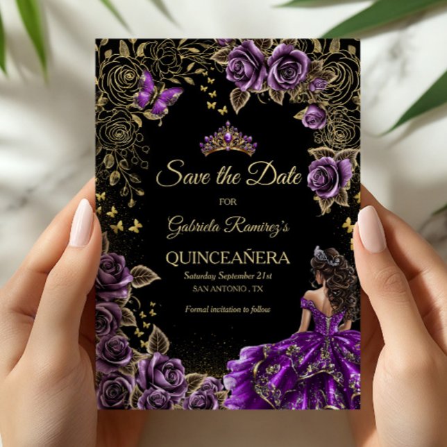 Reserve A Data Tiara Dourada Preta e Roxa Quinceañera (Criador carregado)