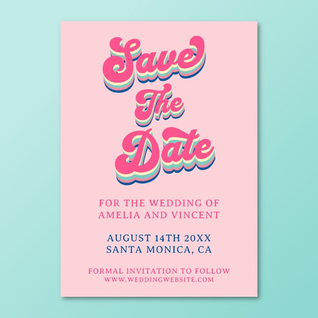 Reserve A Data Tipografia Rosa Retro Groovy Casamento (Retro groovy save the date card on a turquoise background.)