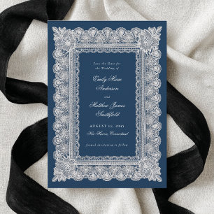 Reserve A Data Toalhinha de Renda Azul Escuro Estilo Vintage Foto