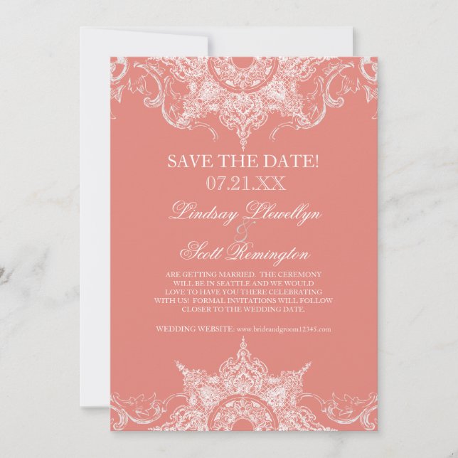 Reserve A Data Toile Damask Swirl Save the Dates Coral PInk (Frente)