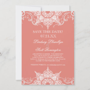 Reserve A Data Toile Damask Swirl Save the Dates Coral PInk