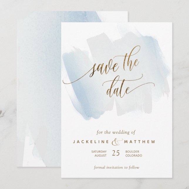 Reserve A Data Traços de pincel azul e Cinza, Casamento mínimo (Frente/Verso)