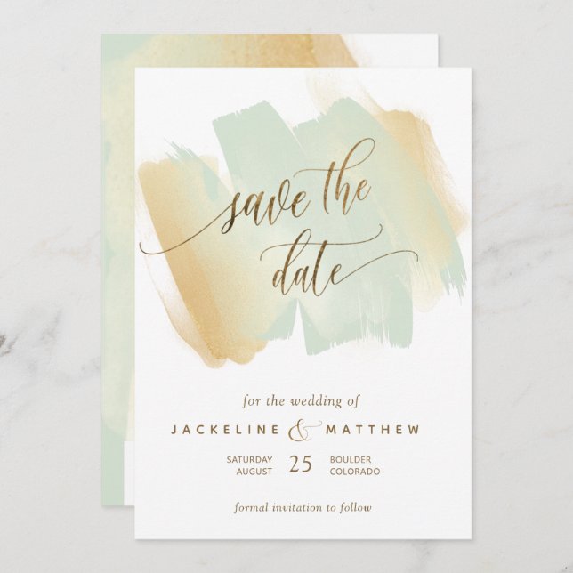 Reserve A Data Traços de pincel verde e amarelo, Casamento mínimo (Frente/Verso)