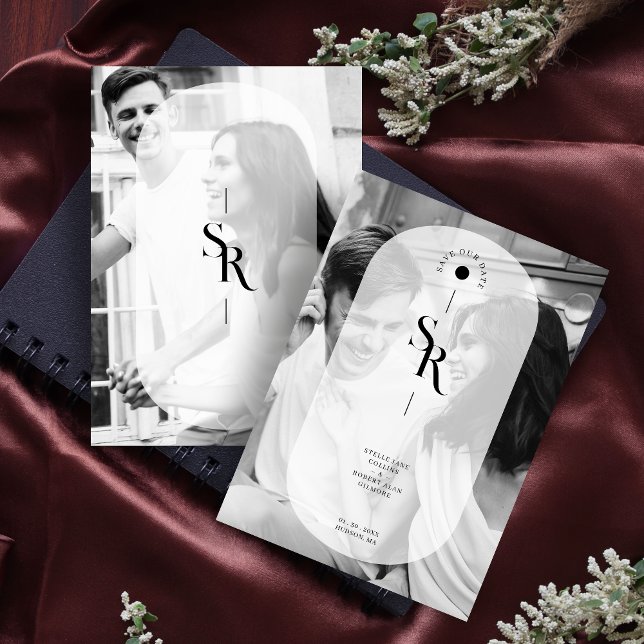 Reserve A Data Transparência de Vellum Delicado Preto Branco Inic (Delicate Vellum Transparency Elegant Black & White Wedding Initials 2 Photos Save the Date Card.)